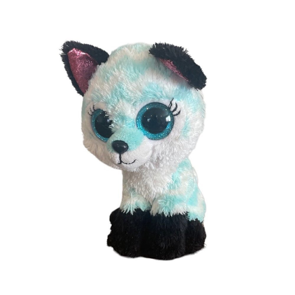 TY Beanie Boos ATLAS Fox Aqua White Plush TySilk Small 6" Blue Sparkle Eyes